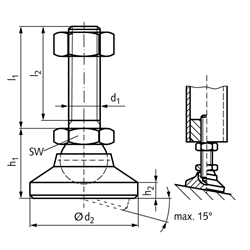 Gelenkteller 2259 Ausführung NG Gewinde M12 Bolzenlänge 100mm Edelstahl 1.4301, Technische Zeichnung