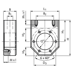 Adapterkonsole KONA-32 Bohrung D1=32mm D3=45mm Gewinde=M6 x 12, Technische Zeichnung