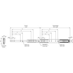 Auszugschienensatz DS 5334 EC Schienenlänge 600mm rostfreier Stahl 1.4301, Technische Zeichnung