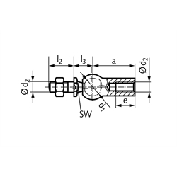 Axialgelenk ähnlich DIN 71802 Größe 19 Gewinde M14x1,5 rechts mit Mutter Edelstahl 1.4301, Technische Zeichnung