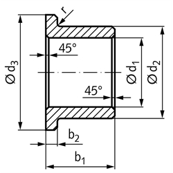 Bundbuchse ähnlich DIN 1850-3 Form V aus Sinterbronze Bohrung 10mm Außendurchmesser 16mm Bunddurchmesser 22mm Länge 10mm, Technische Zeichnung