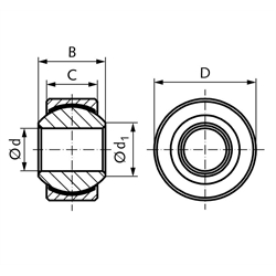 Gelenklager DIN ISO 12240-1-K Reihe GD ohne Außenring wartungsfrei Bohrung 8mm Außendurchmesser 19mm Edelstahl rostfrei, Technische Zeichnung