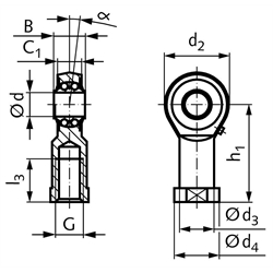 Gelenkkopf BR DIN ISO 12240-4 Maßreihe K Innengewinde M22x1,5 links mit Pendelkugellager, Technische Zeichnung