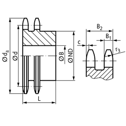 Zweifach-Kettenrad ZRG mit einseitiger Nabe 06 B-2 3/8x7/32" 10 Zähne Mat. Stahl Zähne induktiv gehärtet, Technische Zeichnung