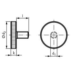 Flache Rändelschraube DIN 653 M6 x 25mm lang Stahl Festigkeit 5.8 brüniert, Technische Zeichnung