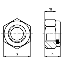 Sechskantmutter DIN 985 (ähnlich DIN EN ISO 10511) mit Klemmteil aus Polyamid M8 Stahl verzinkt Festigkeit 10, Technische Zeichnung