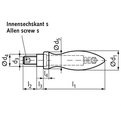 Drehbarer Ballengriff DIN 98 Al Durchmesser 36mm Ausführung E mit Gewindezapfen M16 Aluminium poliert , Technische Zeichnung