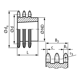 Dreifach-Kettenrad DRT 08 B-3 1/2x5/16" 23 Zähne Material Stahl für Taper-Spannbuchse Typ 1610, Technische Zeichnung