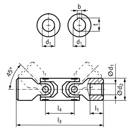 Präzisions-Wellengelenk WD DIN808 doppelt beidseitig Bohrung 30H7 mit Nut DIN 6885-1 Toleranz JS9 Stahl, Technische Zeichnung