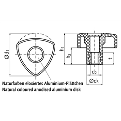 Dreikantgriff aus Thermoplast d1=40mm Innengewinde M6 , Technische Zeichnung