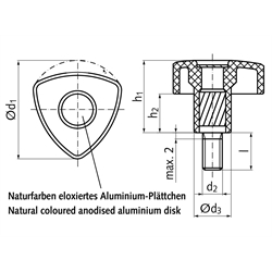 Dreikantgriffschraube aus Thermoplast d1=32mm Außengewinde M6 x 20mm lang , Technische Zeichnung