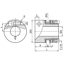 Rutschnabe FA-K Baugröße 1 Drehmoment einstellbar 20-75Nm Außendurchmesser 68mm max. Bohrung: 28mm mit Klemmnabe, Technische Zeichnung