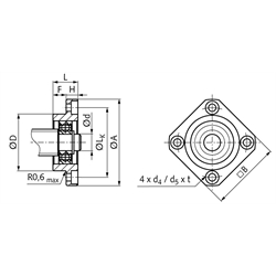 Flanschlagereinheit FF 12 Bohrung 10mm Gehäuse aus Stahl brüniert, Technische Zeichnung