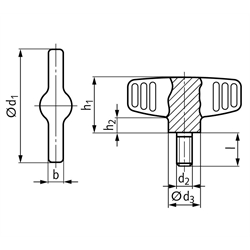 Flügelschraube aus Edelstahl d1=46mm Außengewinde M8 x 20mm , Technische Zeichnung