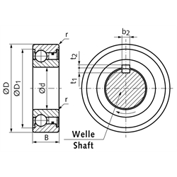 Kugellager-Freilauf BB40-1K-K Innen-Ø 40mm Außen-Ø 80mm Breite 22mm mit Passfedernut am Innenring, Technische Zeichnung