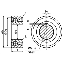 Kugellager-Freilauf BB35-2GD 1K-K Innen-Ø 35mm Außen-Ø 72mm Breite 22mm mit Lippendichtungen und Passfedernut, Technische Zeichnung