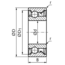 Kugellager-Freilauf BB15-2GD Innen-Ø 15mm Außen-Ø 35mm Breite 16mm mit Lippendichtungen, Technische Zeichnung