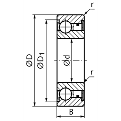 Kugellager-Freilauf BB40 Innen-Ø 40mm Außen-Ø 80mm Breite 22mm ohne Passfedernut, Technische Zeichnung