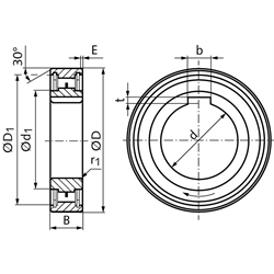 Einbau-Freilauf TSS-25 Innen-Ø 25mm Außen-Ø 52mm Breite 15mm mit Passfedernut am Innenring, Technische Zeichnung