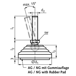 Gelenkfuss 344.5 Form NG M8 x 43mm lang Tellerdurchmesser 60mm Schraube aus Edelstahl, Technische Zeichnung