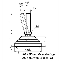 Gelenkfuss 344 Form AG M8 x 43mm lang Tellerdurchmesser 60mm, Technische Zeichnung