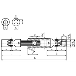 Ausziehbare Präzisionsgelenkwelle PWR beidseitig Bohrung 22H7 zusammengeschobene Länge 355mm max. Länge 405mm Edelstahl 1.4301
Außendurchmesser 47mm, Technische Zeichnung