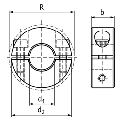 Geteilter Klemmring Edelstahl 1.4305 Bohrung 13mm mit Schrauben DIN 912 A2-70 , Technische Zeichnung