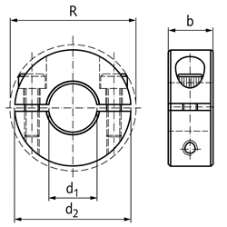 Geteilter Klemmring Stahl C45 brüniert Bohrung 1,375 Zoll = 34,925mm mit Schrauben DIN 912 12.9, Technische Zeichnung