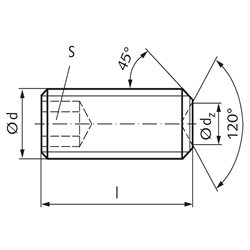 Gewindestift ISO 4029 (ex DIN 916) mit Innensechskant und Ringschneide Edelstahl A2 M10 x 16mm, Technische Zeichnung