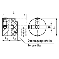 Drehstarre Kupplung HZD Durchgangsbohrung 16mm max. Drehmoment 17,0 Nm Außendurchmesser 41,3mm Edelstahl 1.4305 , Technische Zeichnung