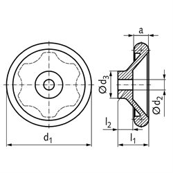 Scheibenhandrad DIN 3670 mit Griffmulden Ausführung N Durchmesser 250mm mit Bohrung 22H7 und Nut, Technische Zeichnung