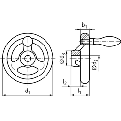 Speichen-Handrad DIN 950 aus Grauguss 3 Speichen Kranz gedreht und poliert Ausführung B/G Durchmesser 125mm mit Gewindeauge für Ballengriff, Technische Zeichnung