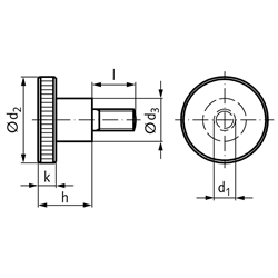 Hohe Rändelschraube DIN 464 M6 x 25mm lang Edelstahl 1.4305 , Technische Zeichnung