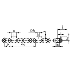 Winkellaschen-Rollenkette 08 B-1-K1, 4xp mit einseitigen schmalen Winkellaschen mit 1 Befestigungsbohrung am Aussenglied im Abstand 4xp , Technische Zeichnung