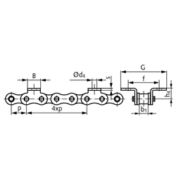 Winkellaschen-Rollenkette16 B-1-K1, 4xp mit beidseitigen schmalen Winkellaschen mit 1 Befestigungsbohrung am Aussenglied im Abstand 4xp , Technische Zeichnung