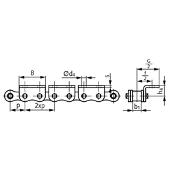 Winkellaschen-Rollenkette 08 B-1-K2, 2xp mit einseitigen breiten Winkellaschen mit 2 Befestigungsbohrungen am Aussenglied im Abstand 2xp , Technische Zeichnung