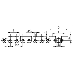 Rostfreie Winkellaschen-Rollenkette 08 B-1-K2, 2xp mit beidseitigen breiten Winkellaschen mit 2 Befestigungsbohrungen am Aussenglied im Abstand 2xp Edelstahl 1.4301, Technische Zeichnung