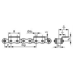 Winkellaschen-Rollenkette 12 B-1-K2, 4xp mit einseitigen breiten Winkellaschen mit 2 Befestigungsbohrungen am Aussenglied im Abstand 4xp , Technische Zeichnung