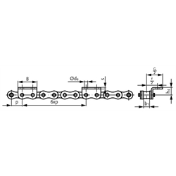 Winkellaschen-Rollenkette 06 B-1-K2, 6xp mit einseitigen breiten Winkellaschen mit 2 Befestigungsbohrungen am Aussenglied im Abstand 6xp , Technische Zeichnung