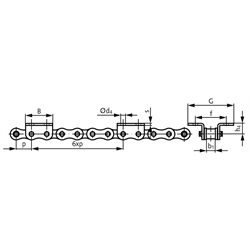 Winkellaschen-Rollenkette 06 B-1-K2, 6xp mit beidseitigen breiten Winkellaschen mit 2 Befestigungsbohrungen am Aussenglied im Abstand 6xp , Technische Zeichnung