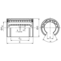 Offene Linearkugellager KB-3-ST-O ISO-Reihe 3 beidseitig abgedichtet für Wellen-Ø 12mm, Technische Zeichnung