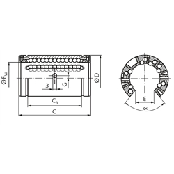 Linearkugellager KB-3 ISO-Reihe 3 Easy-Line mit beids. Dichtung für Wellen-Ø 30mm offene Ausführung, Technische Zeichnung