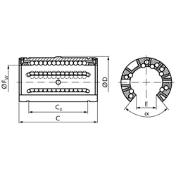 Offenes Linearkugellager KB-3-A ISO-Reihe 3 Premium mit Fluchtungsfehlerausgleich mit Dichtung für Wellen-Ø 30mm, Technische Zeichnung