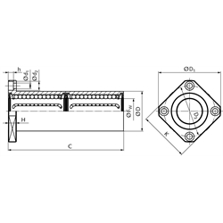 Tandem Linearkugellager KBT-ST-VL mit viereckigem Flansch beidseitig abgedichtet für Wellen-Ø 16mm lange Ausführung, Technische Zeichnung