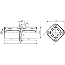 Tandem-Linearkugellager KBT-ST-VM mit mittigem viereckigem Flansch beidseitig abgedichtet für Wellen-Ø 50mm, Technische Zeichnung