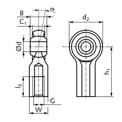 Gelenkkopf igus igubal KCRM-12-F Innen-Feingewinde M12x1,25 rechts, Technische Zeichnung