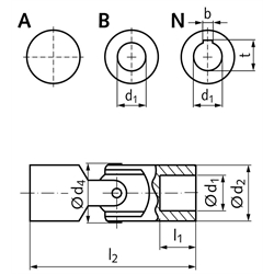 Kreuzgelenk KE Außendurchmesser 25mm ungebohrt Material Stahl Gesamtlänge 74mm, Technische Zeichnung