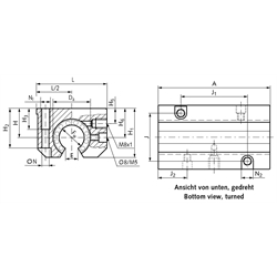 Tandem-Linearlagereinheit KGT-3-STO ISO-Reihe 3 mit Linear-Kugellagern mit Stahlmantel mit beids. Dichtung für Wellen-Ø 12mm offene Ausführung, Technische Zeichnung