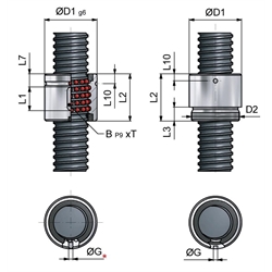 Zylindrische Mutter Kugelgewinde 40x5mm Höhe 45mm Durchmesser 63mm, Technische Zeichnung