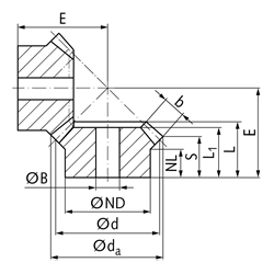 Kegelrad aus 1.4305 Modul 2,5 15 Zähne Übersetzung 4:1, Technische Zeichnung